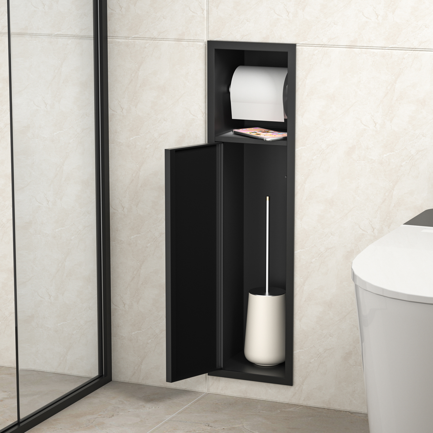 YF61130 Steel Nigrum Recessed Latrina charta Holder cum Recondita Fuerunt Peniculus at pro balneo usus