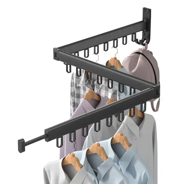 YF7105 Laundry siccatio Rack Clothing Folding Retractable Space Salvis, lauandi Hanger Dryer Rack Collapsible Clothes Rack with 18 Hooks for Outdoor Indoor, Tri-fold