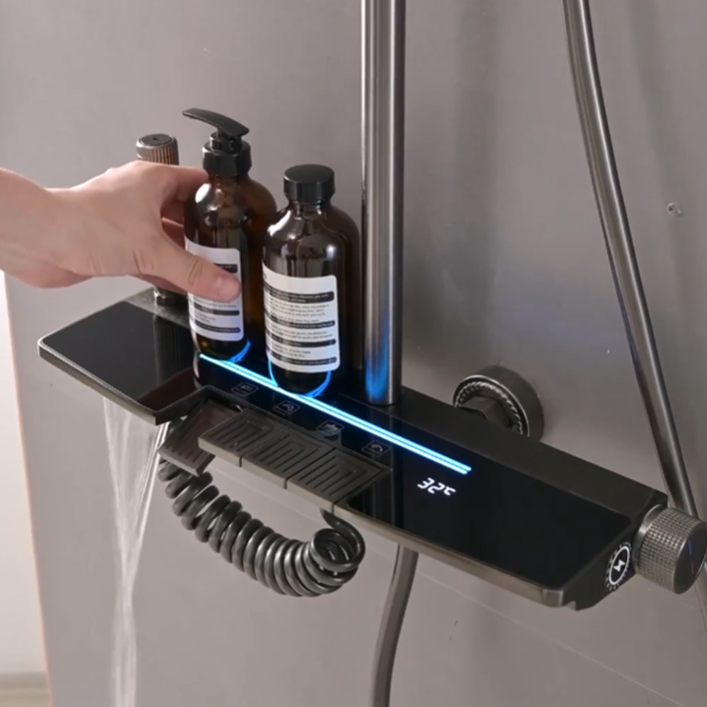 YF230530042 Жарықдиодты сарқырама душ жүйесі қара термостатикалық жаңбырлы душқа арналған шүмек жинағы жұмсақ массаж ванна бөлмесі ваннаға душқа арналған шүмектер