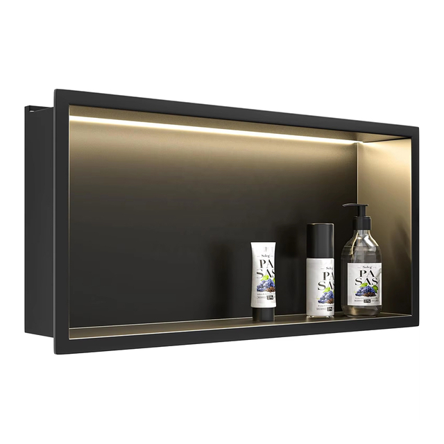 YF61119-2 24'X12' Matte Black Wall Niche, NO Tile Needless Stainless Steel Bathroom Niches with Non dimmable Led Light 3000K