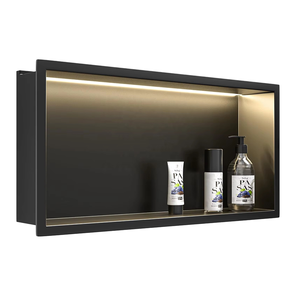 YF61119-2 24'X12' Matte Black Wall Niche, NO Tile Needless Steel Bathroom Niches with Non dimmable Led Light 3000K