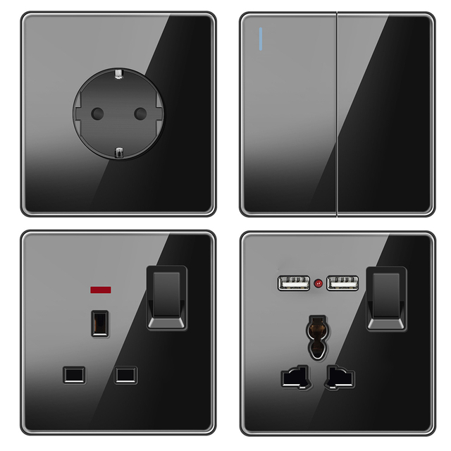 YF310100003-Black Single Switch Universal Socket Högkvalitativ härdad glasomkopplare