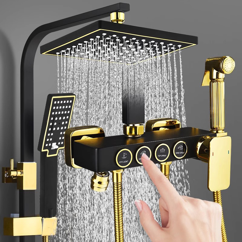 YF210530002 Wall Mounted Multi Function Button Black Bathroom Shower Set black with gold colour imber set