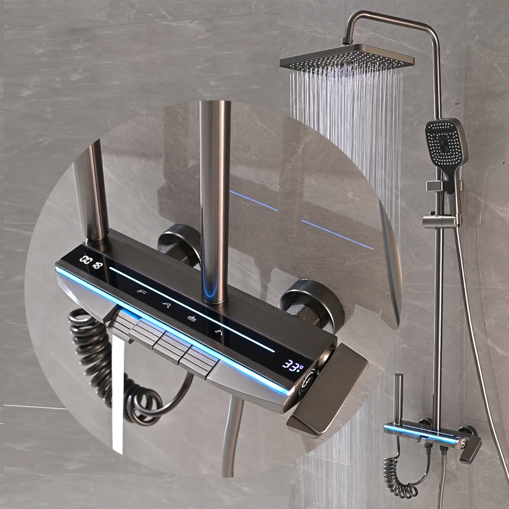 YF230530040 Starlight LED Digital Display Shower Faucet Set Gun Metal Grey Bathroom Mixer Soft Rain Massage Jet Ceramic Brushed Piano Key