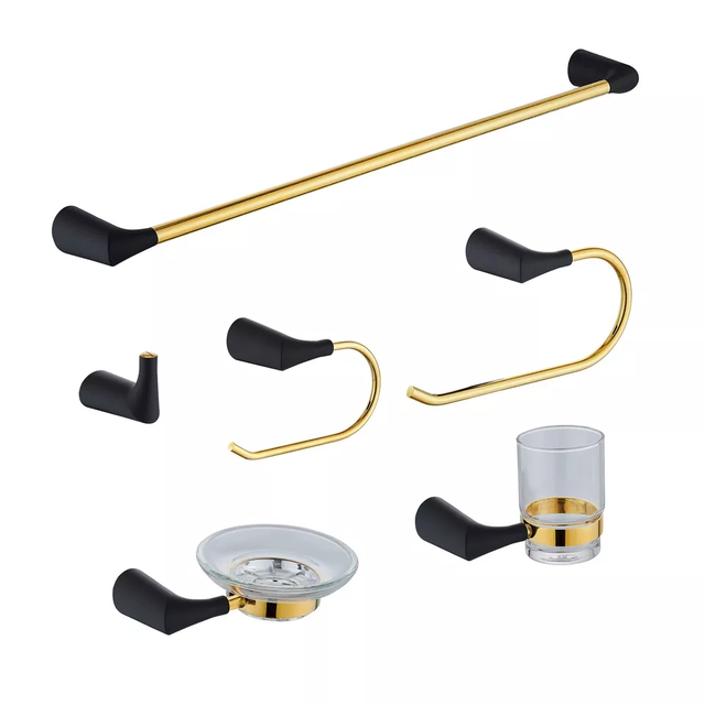 YF66107 6-Pieces Matte Black with gold Bathroom Hardware Accessories Set, Bath Towel Bar Set, Linteum Racs for Bathroom Wall Mounted