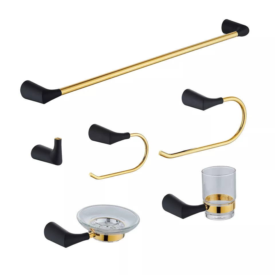 YF66107 6-Pieces Matte Black with gold Bathroom Hardware Accessories Set, Bath Towel Bar Set, Linteum Racs for Bathroom Wall Mounted