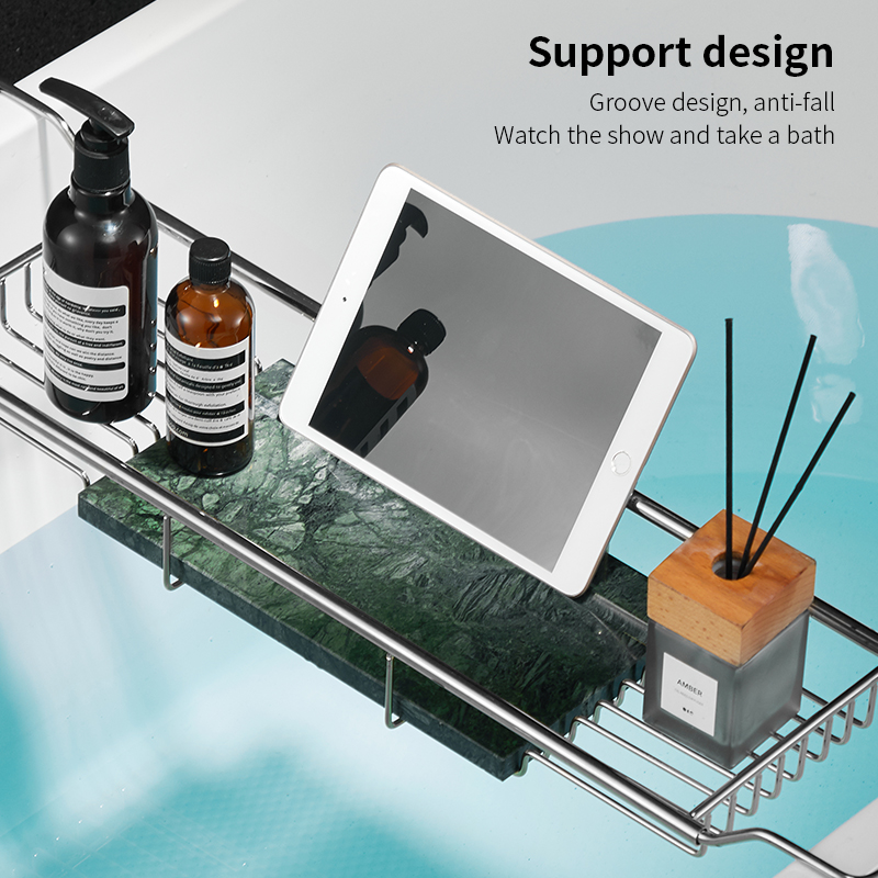 YF61120 Extendite latera balneus lance cum phone eculeo marmore possessor Metallum Marmor Bathtub Rack Bathtub Caddy Tray Steel Shower Caddy Tray with Funding Sides