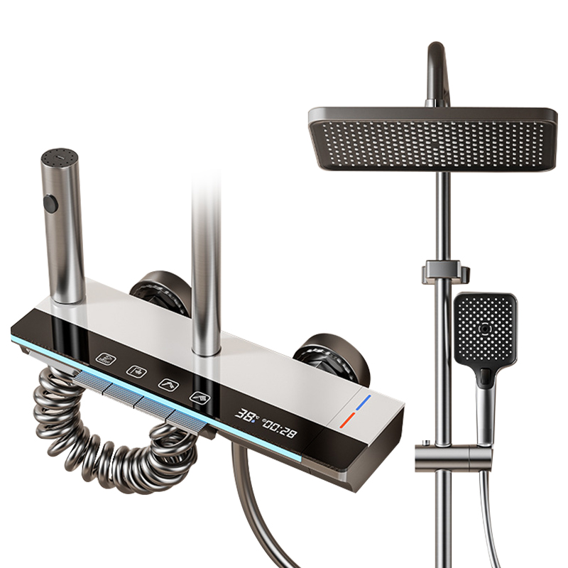 YF230530007 Алюминий жарықдиодты душ араластырғыш жинағы Сандық дисплей жауын-шашынды душ жүйесі 4 функциялы ванна бөлмесіне душқа арналған шүмек жинағы