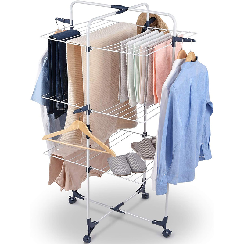 YF7154 3-Tier Collapsible Lauandi Rack Sta Vestis Siccatio Statio cum Rotae et 4 Hooks Umbraticis-Outdoor Usus ad Lectum Linteum Vestimentum Udones