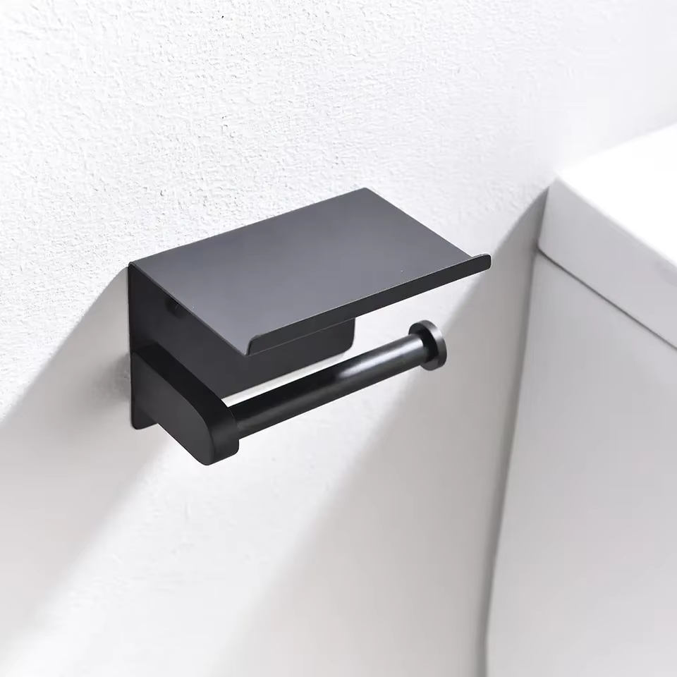 YF62102 Latrina Paper Holder with Phone Shelf Steel Black Wall Mounted Toilet Paper Roll Holder 