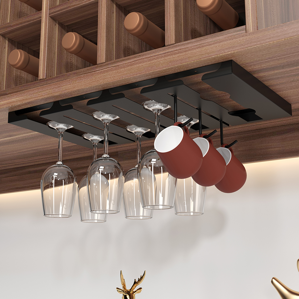 YF67104 Қара металл шарап шыны ілулі сөре немесе шкаф астындағы шарап шыны ұстағышы, шыны ыдыстарды кептіруге арналған ілгіш, бар мейрамханасына арналған металл ілулі органайзер