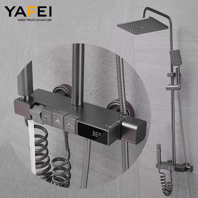 YF230530053 جدید سالڈ براس وال ماونٹڈ شاور سسٹم جس میں سلائیڈ بار 5 ہینڈل رین فال اینڈ واٹر فال سپرے کروم مکمل سیٹ ہے