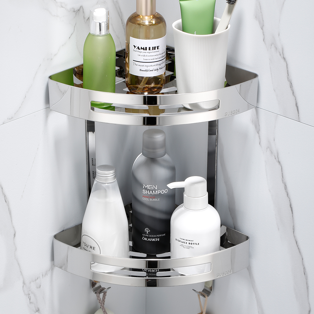 YF61101 Душқа арналған бұрыштық сөрелер Ас үйге, жуынатын бөлмеге, қонақ бөлмеге арналған қоршаулары бар, берік баспайтын болаттан жасалған қабырғаға орнатылған үшбұрышты бұрыштық сөре