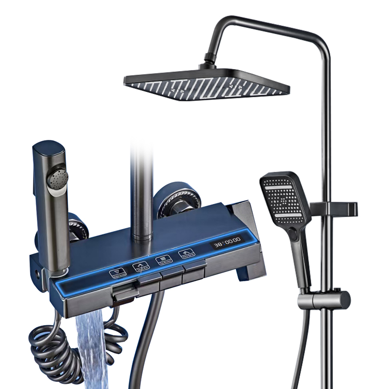 Душ жүйесі Сандық дисплейі бар термостатикалық пианино душқа арналған шүмек жинағы Жаңбырлы душқа арналған комбо жинағы Қабырғаға орнатылған сұр душ жүйесі жарық диодты жарықтары бар