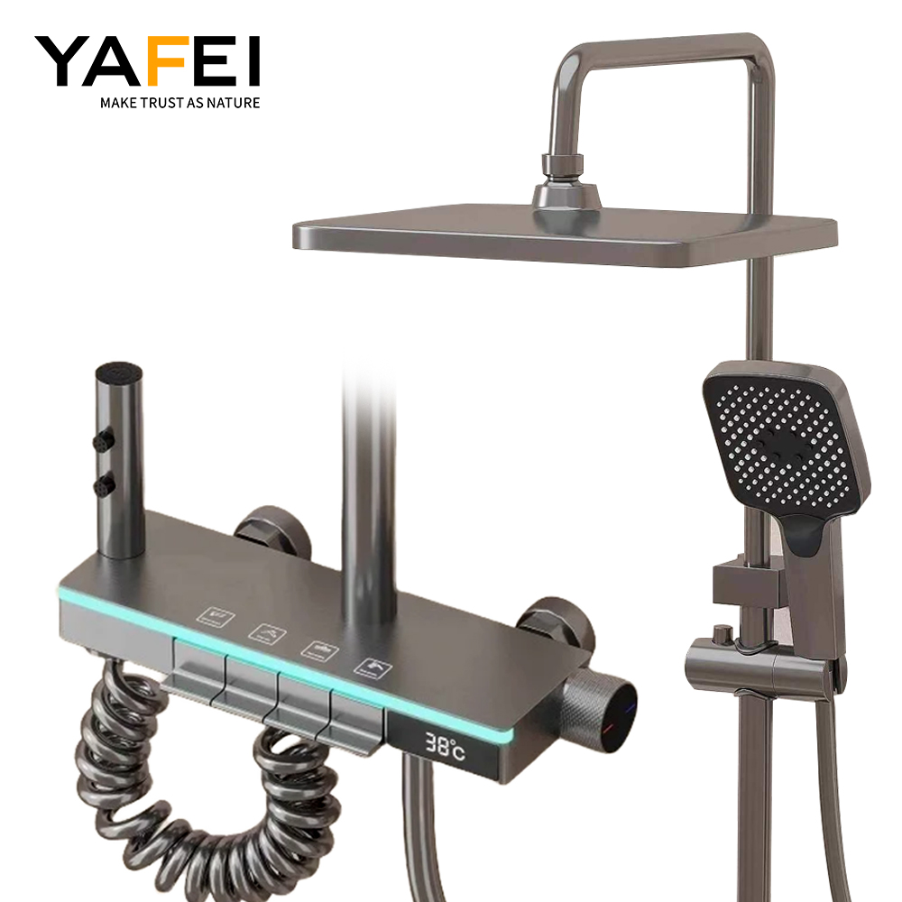 YF230530051 Заманауи смарт қатты жезден жасалған ваннаға және душқа арналған крандар Жоғары сапалы толық жиынтық жаңбырлы душқа арналған әйнегі сұр панель жылтыратылған - заманауи ванна бөлмелері үшін